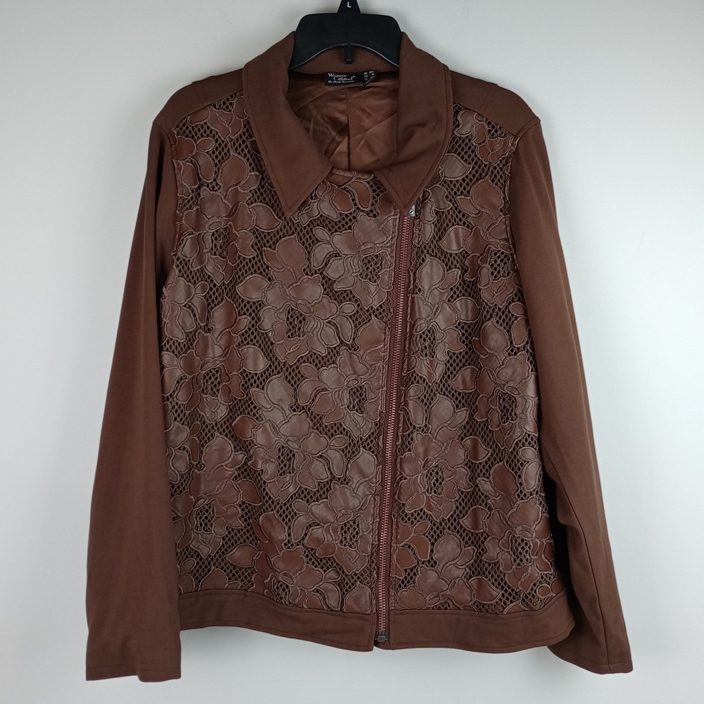 Women with Control Women 2XL Brown Faux Leather Floral Lace Moto Zip Jacket